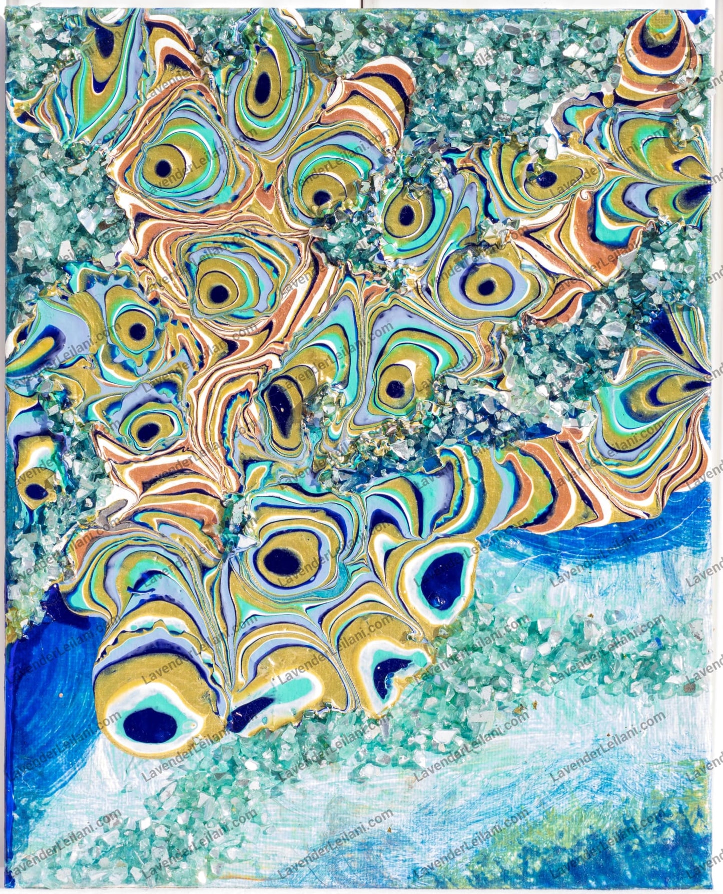 3D Peacock Eyes With Jewels Acrylic Pour Art